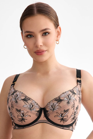 Sutiã Salma Soft Plunge – bege e preto com bordado floral