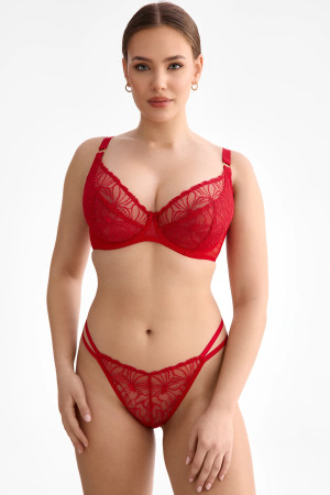 Stringi Harper czerwone – V-string, haft kwiatowy i materiał w kropki